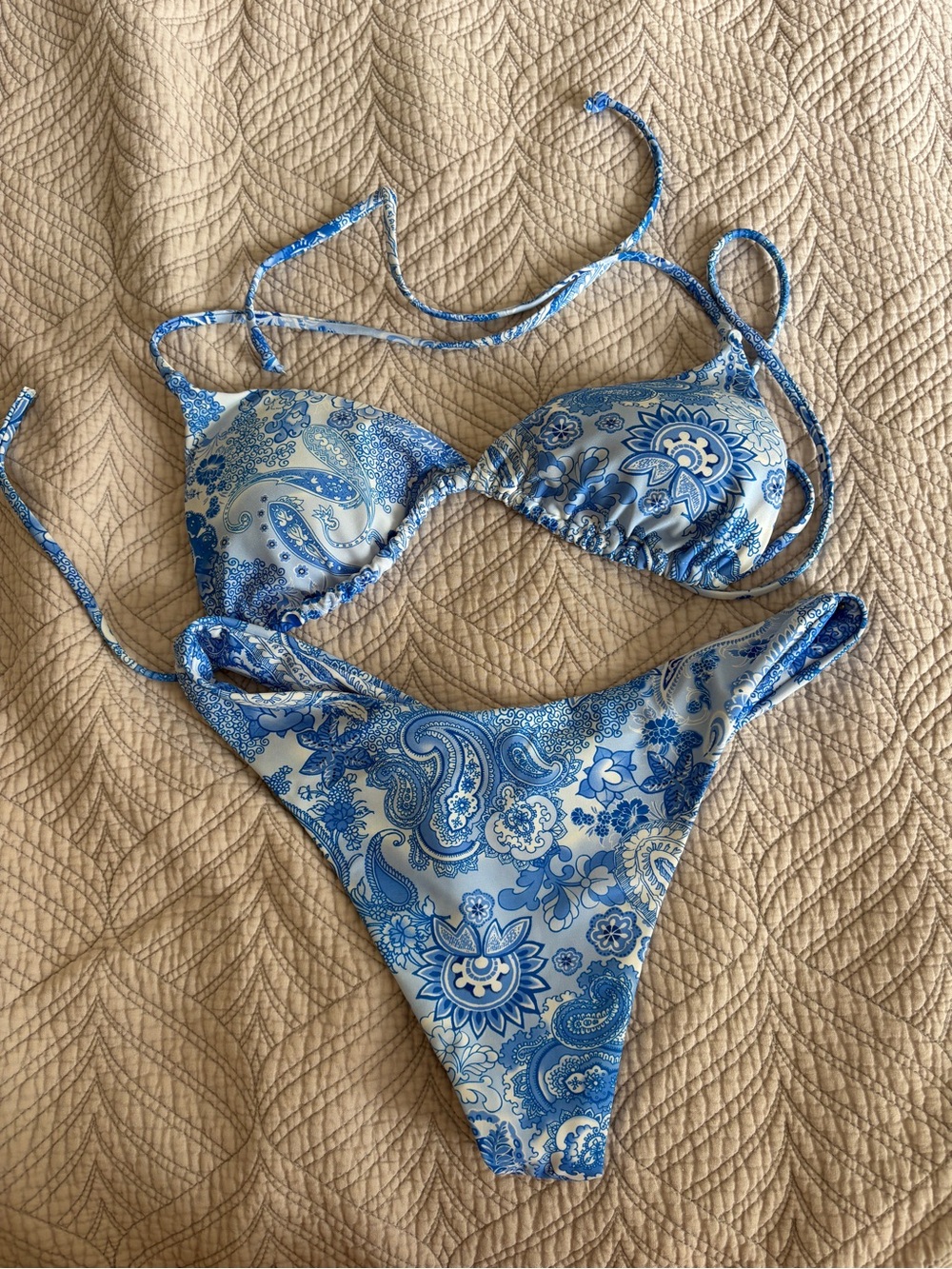 Gray Bandit Blue Paisley String Bikini Top and Bottom Set - Size S